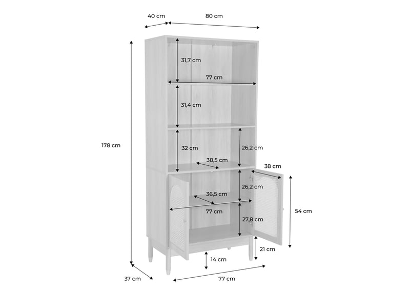  Etagère bibliothèque décor bois et cannage 4 niveaux 2 portes teinte noyer - judith  - Conforama D