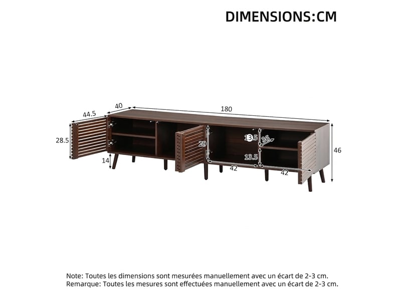  Meuble tv 180 cm pour tv 75 pouces - 4 portes à lattes couleur noyer avec passe-câbles  - Conforama C