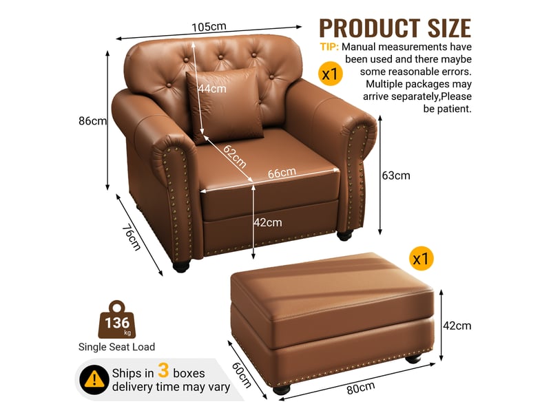  Fauteuil chesterfield 1 place + pouf en simili cuir marron, capitonné, 105 cm Fay Lum - Conforama C