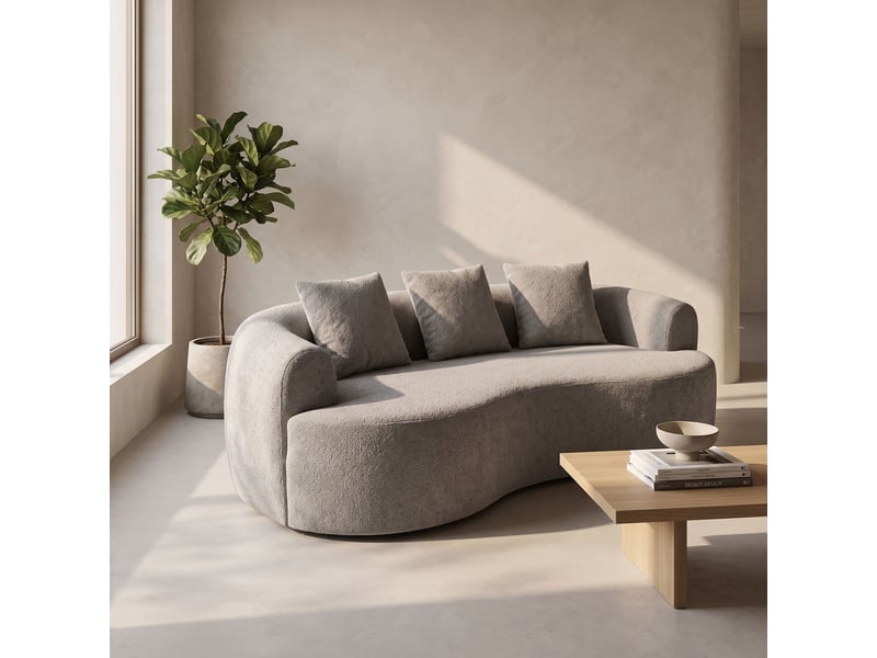  Yoko - canapé d'angle incurvé 200 x 62 x 105, à compression, en tissu bouclé gris  - Conforama B