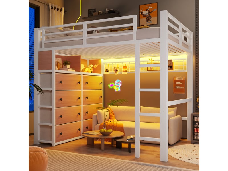 Lit mezzanine enfant 140x200 cm avec 8 tiroirs, led, étagères, panneau perforé et grand rangement sous lit, mdf et métal, blanc OMNIGLINT TRADING LTD - Conforama B