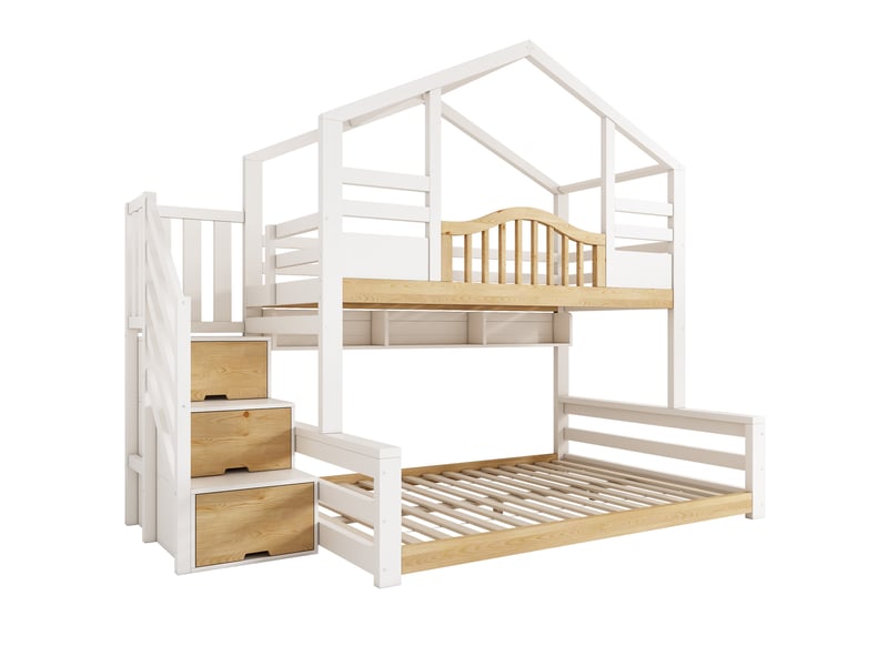  Lit superposé en forme de maison, lit supérieur 90 × 200 cm, lit inférieur 140 × 200 cm ; équipé d’un escalier de rangement et d’étagères, adapté aux familles nombreuses, blanche  - Conforama A