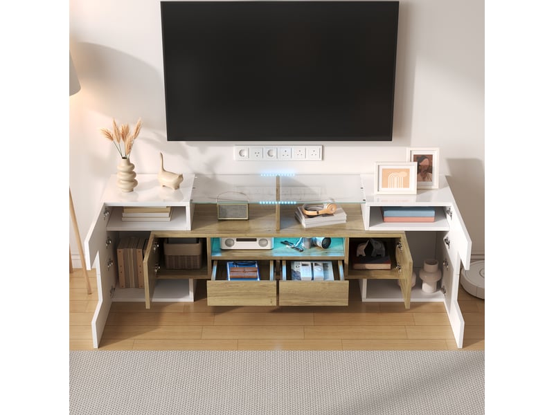  Meuble tv blanc brillant de 145 cm avec éclairage led multicolore  - Conforama D