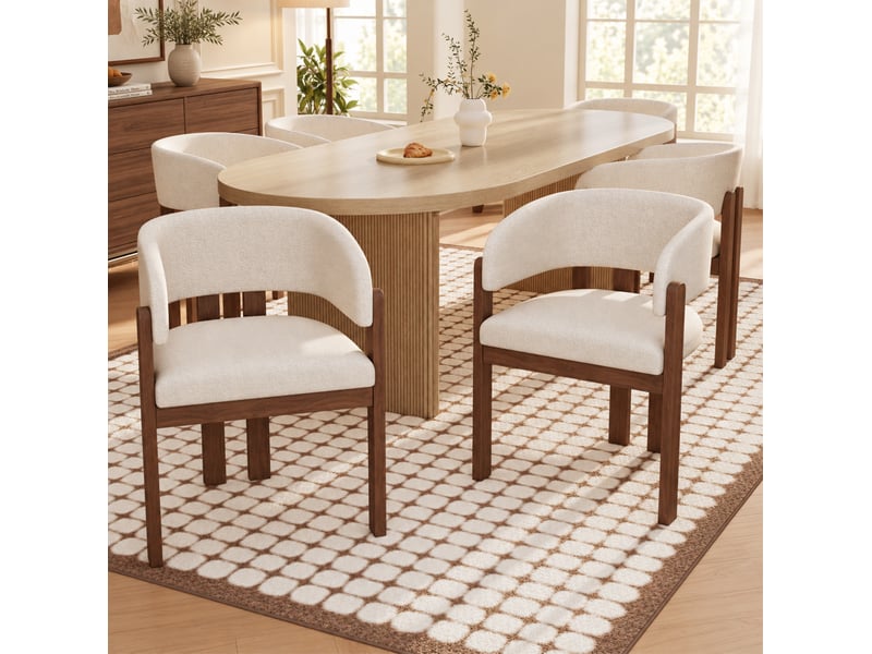  Lot de 6 chaises de salle à manger avec accoudoirs en bouclé beige, noyer  - Conforama D