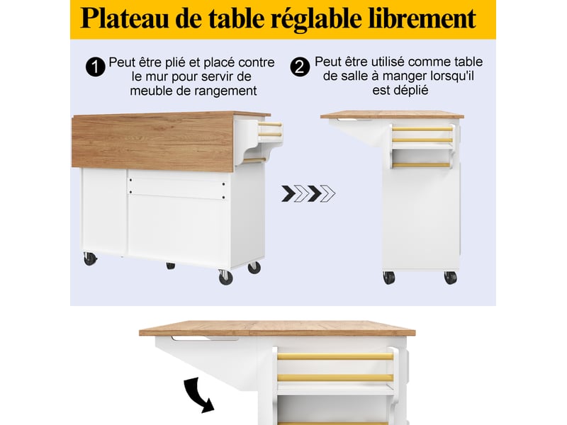 Îlot de cuisine 110x75x92 cm avec tablette pliante extensible, compartiments réglables, pour cuisine, en mdf, blanc  - Conforama E