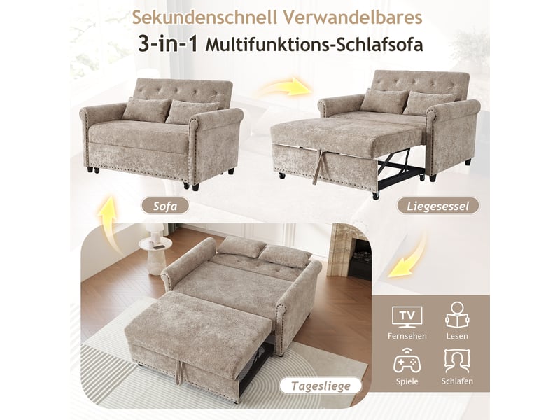  Canapé convertible 2 places en tissu chenille, 3-en-1, dossier réglable 110°145°180°, couchage 170×98 cm  - Conforama E