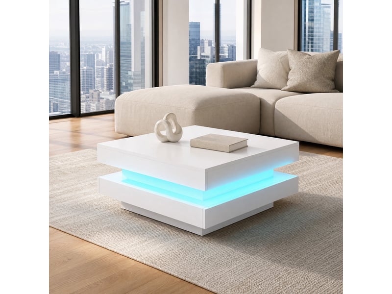  Table basse carrée plateau pivotant à 360° led pour salon 70×70×36 cm en panneaux de particules blanc  - Conforama B