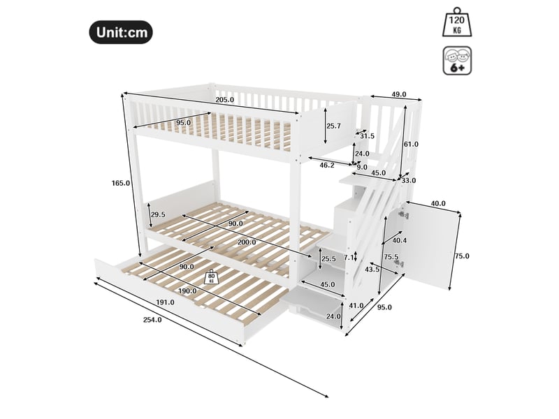  Modenvie lit superposé enfant 90x200 cm - avec lit gigogne, armoire et escalier de rangement, sans matelas - blanc  - Conforama C