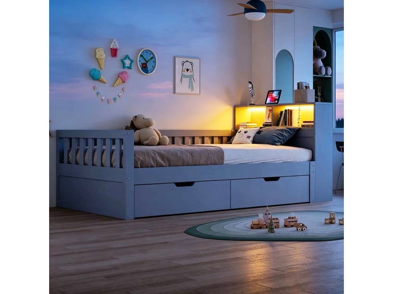  Lit avec rangement 90x200 cm coloris gris led bois massif  - Conforama E