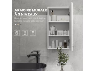 Armoire murale de salle de bain 1 porte avec étagère réglable en hauteur 3 niveaux blanc haut brillant 37 x 22,5 x 70 cm