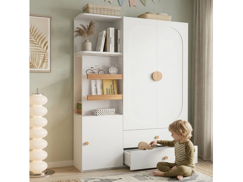 Armoire penderie 125x50x180 cm blanche et naturelle en mdf, avec étagères ouvertes, tiroirs et tringle - Conforama B