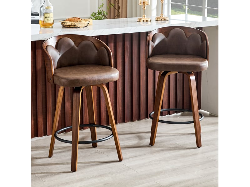  Lot de 2 tabourets de bar, tabouret de bar dossier fleur, bois courbé, assise pu, moderne, repose-pieds métal, marron  - Conforama D