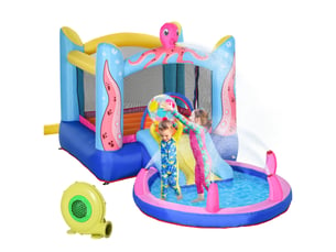 Château gonflable autogonflant comprenant un gonfleur, des patchs, 1 trampoline, 1 bassin d'eau, 1 toboggan, 360 x 175 x 180 cm