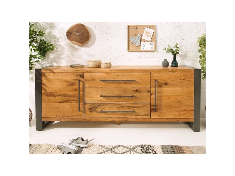 Buffet cavara 200 cm en chêne massif et métal noir – 2 portes, 3 tiroirs et grands rangements - Conforama D