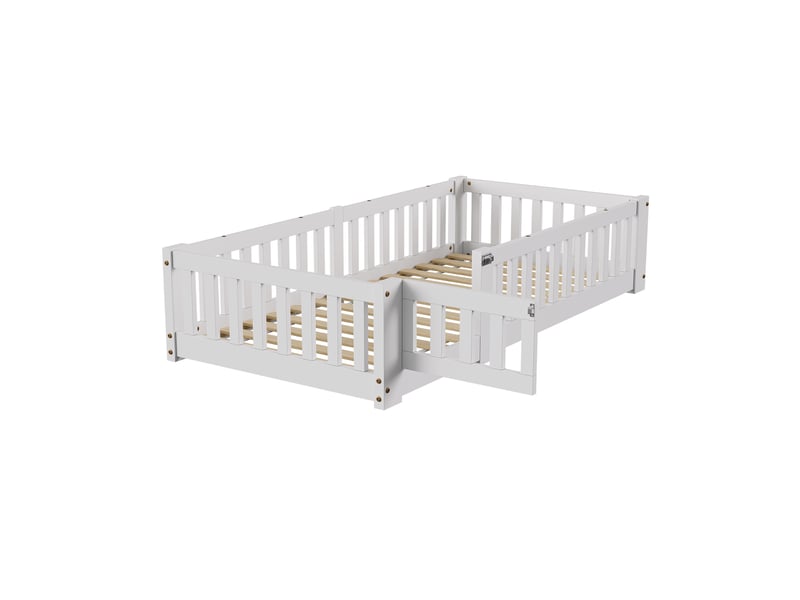  Lit simple 120x200 cm, lit au sol montessori avec barrières et porte amovible, lit enfant, sommier inclus, bois, blanc  - Conforama A