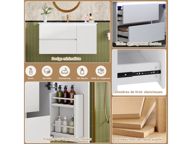 Meuble sous vasque suspendu moderne 91,5x46,5x50,5 cm, led, armoire de rangement avec 2 tiroirs et porte, mdf blanc  - Conforama D