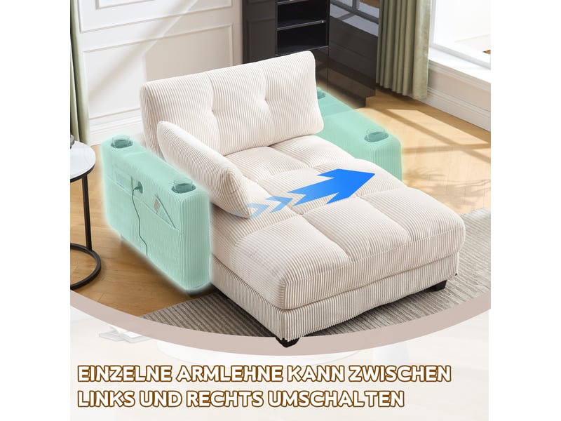  Fauteuil de salon, fauteuil confortable, beige, avec accoudoirs, poches latérales, porte-gobelets  - Conforama W