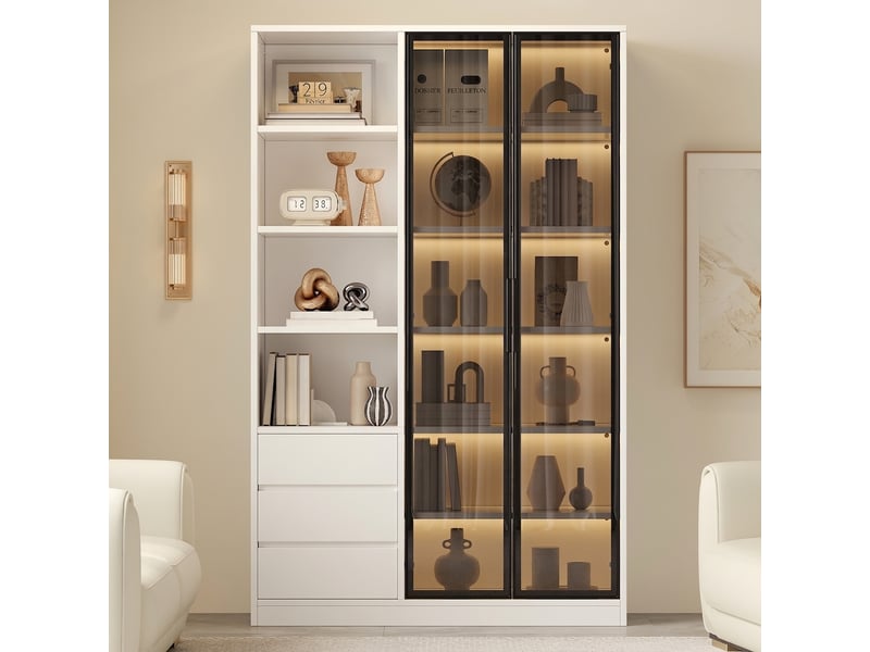  Vitrine meuble de rangement 100x35x160 cm, blanc, 2 portes en verre trempé, 3 tiroirs, étagère réglable et éclairage LED  - Conforama D
