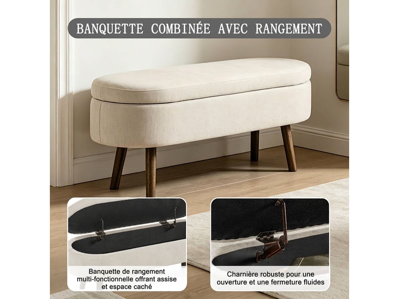  Banc de rangement beige 110 cm en tissu chenille avec coffre et pieds en bois  - Conforama E