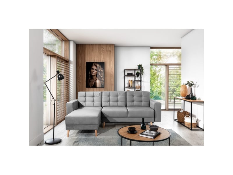  Canapé d'angle convertible hasgard 3 places gris 248x162 cm – coffre et pieds bois  - Conforama E