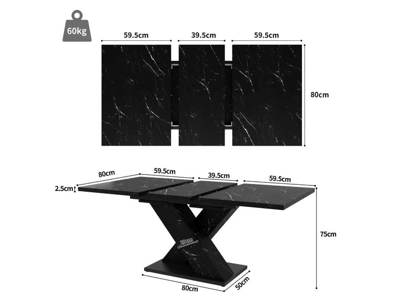  Table à manger rectangulaire extensible 119-158,5 x 80 cm, plateau mdf effet marbre noir, piètement en x, rails métalliques, 4 à 6 places  - Conforama E