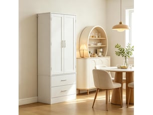 Buffet haute de cuisine 60 x 40 x 159 cm – blanche – 2 portes, 2 tiroirs, 8 rangements à épices pratiques