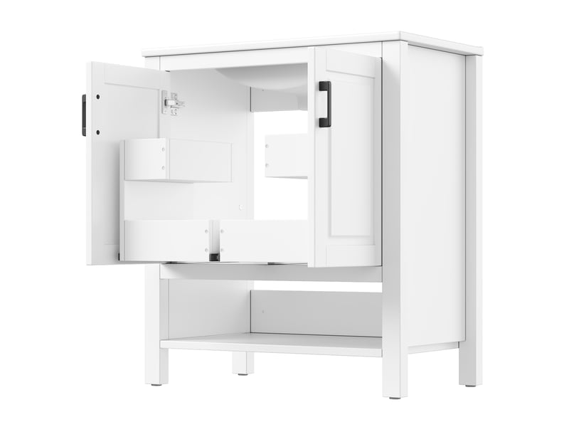  Meuble vasque salle de bain blanc 76,5 cm avec lavabo céramique intégré, portes et étagères ouvertes  - Conforama E