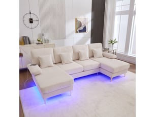 Canapé moderne en forme de u avec éclairage d'ambiance led et port usb-c, structure en bois massif, beige