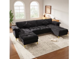 Canapé d'angle en u 4-5 places avec 2 méridiennes, chenille noire, 262 x 134 x 86 cm