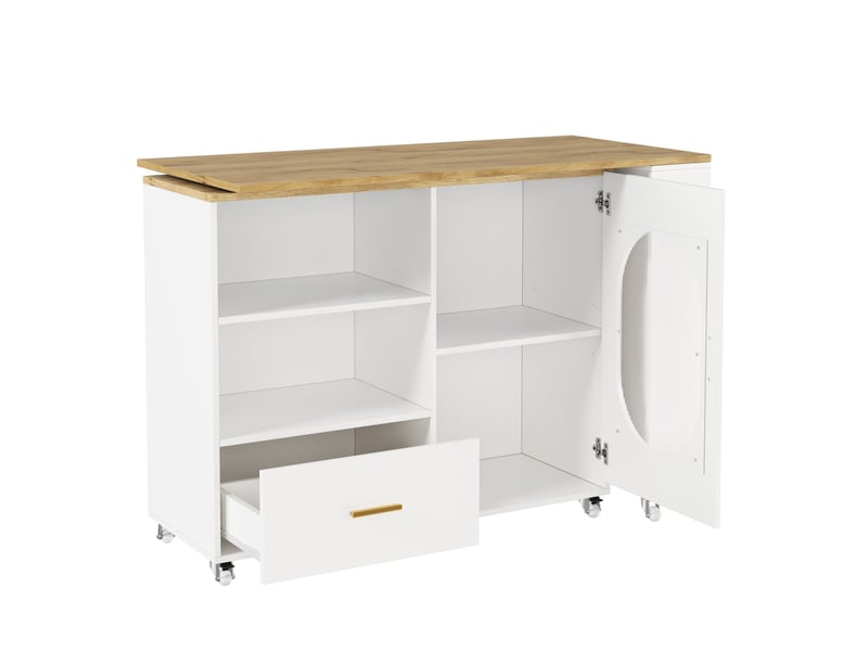  Îlot de cuisine mobile blanc, plateau décor bois clair rotatif à 360° et rangements, 120–180 × 60 × 90 cm  - Conforama A