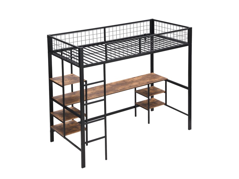  Lit superposé en fer, idéal pour enfants et adolescents, avec table et étagère, échelle à quatre marches, structure en fer et panneaux de particules, coloris noir et bois foncé, 90 x 200 cm.  - Conforama D