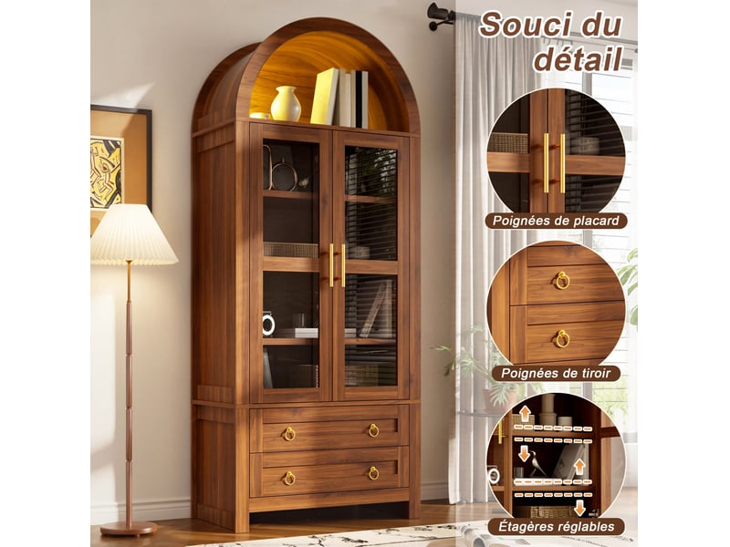  Vitrine haute 76x40x180 cm avec led, 2 portes vitrées et 2 tiroirs noyer  - Conforama D