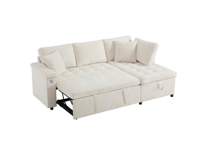 Canapé d'angle convertible moderne avec espace de rangement, port de charge usb, compartiments de rangement dans les accoudoirs et deux coussins – beige. - Conforama A