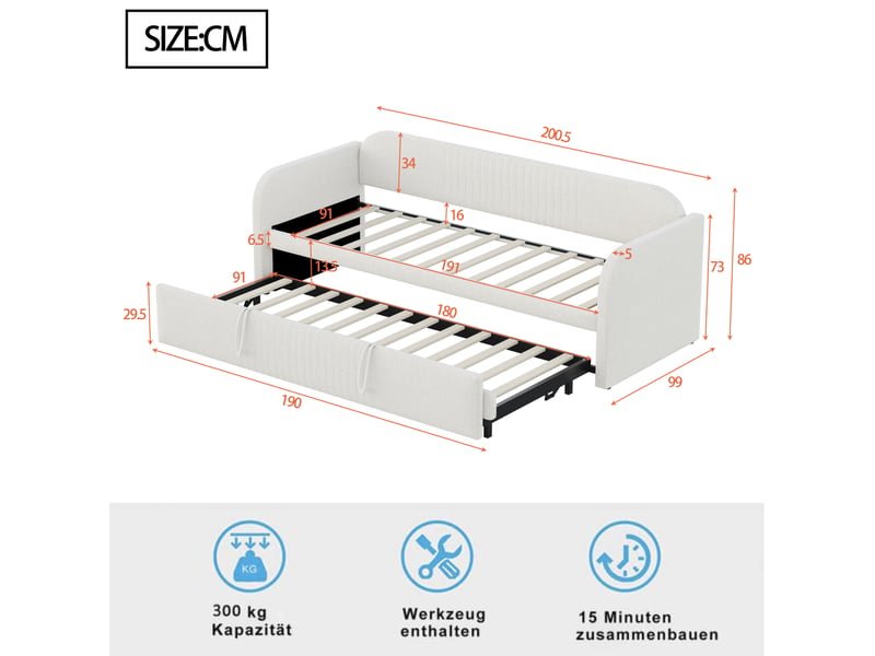  Canapé-lit convertible 90/180x190 cm, rayures verticales, tissu lin beige, sans matelas  - Conforama C