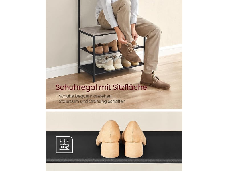 Meuble d’entrée 32,2 x 64 x 180 cm porte-manteaux avec banc et étagère à chaussures 9 crochets amovibles tringle pour entrée chambre style industriel gris 12_0006392  - Conforama B