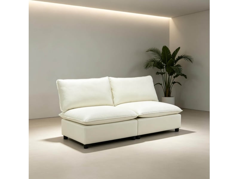  Canapé droit 2 places sans accoudoirs avec coussins épais, en tissu coton et polyester crème, 146 × 85 × 78 cm  - Conforama D