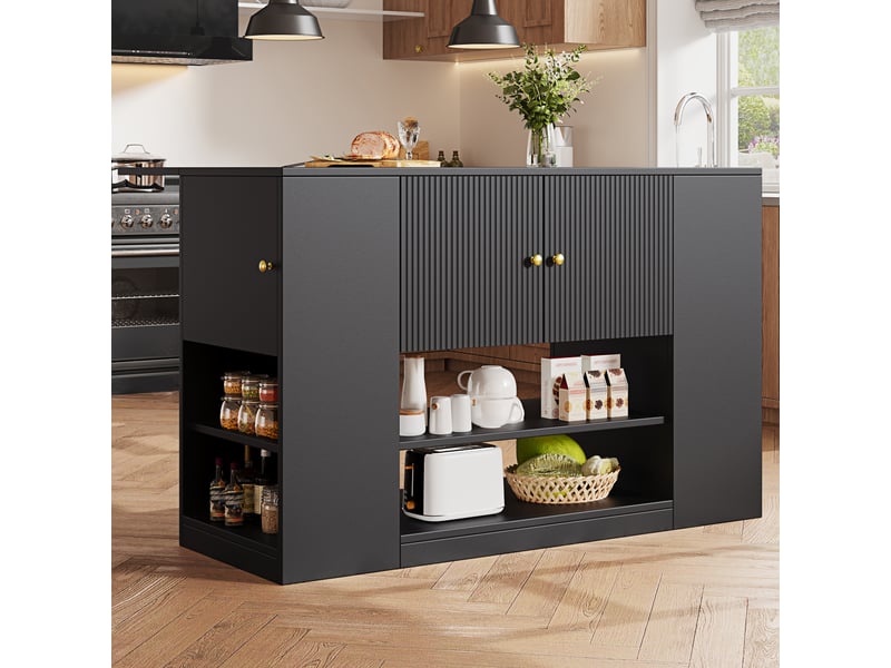  Îlot de cuisine noir 140 cm avec plateau rabattable, meuble de cuisine avec tiroirs et étagères, buffet en mdf pour salle à manger  - Conforama C