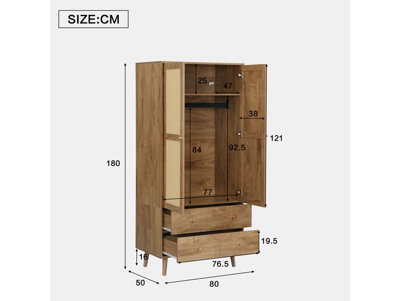  Armoire à vêtements natural walnut effet bois foncé et rotin, 2 portes, 2 tiroirs, 80 x 50 x 180 cm  - Conforama E