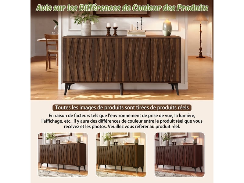  Buffet 4 portes noyer 140 cm meuble de rangement avec étagères réglables  - Conforama D