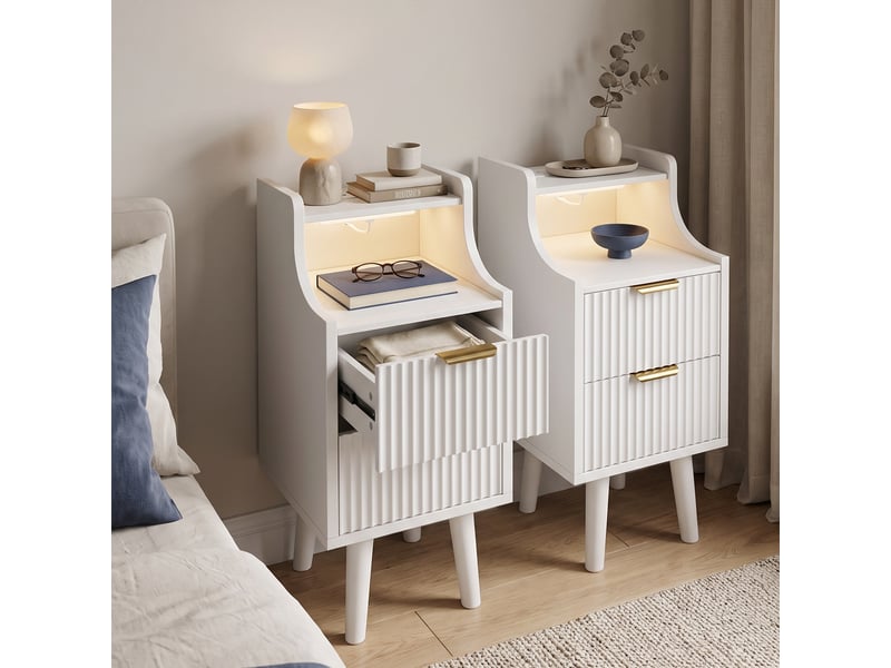  Lot de 2 tables de chevet 25x30x66cm 2 tiroirs, avec station de charge et led, bout de canapé en bois, moderne, blanc  - Conforama B