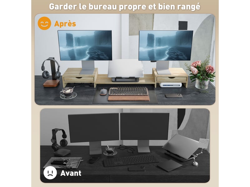  Rehausseur écran pc bureau support d'ordinateur d'écran de 60-116 cm avec 2 tiroirs, longueur et angle réglables  - Conforama E