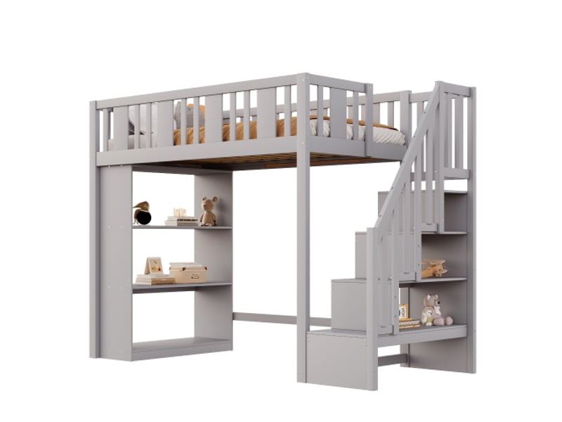  Lit mezzanine enfant 90x200 cm avec escalier de rangement et étagères, en bois gris, sans matelas  - Conforama A