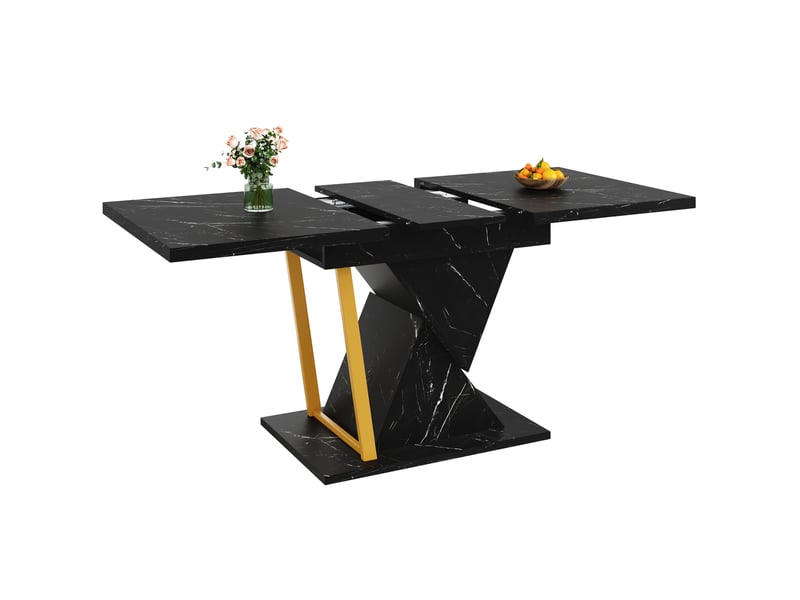  Table à manger extensible 110140x80x76 cm rallonge intégrée plateau effet marbre(matériau non marbré), mdf+métal, noir  - Conforama A