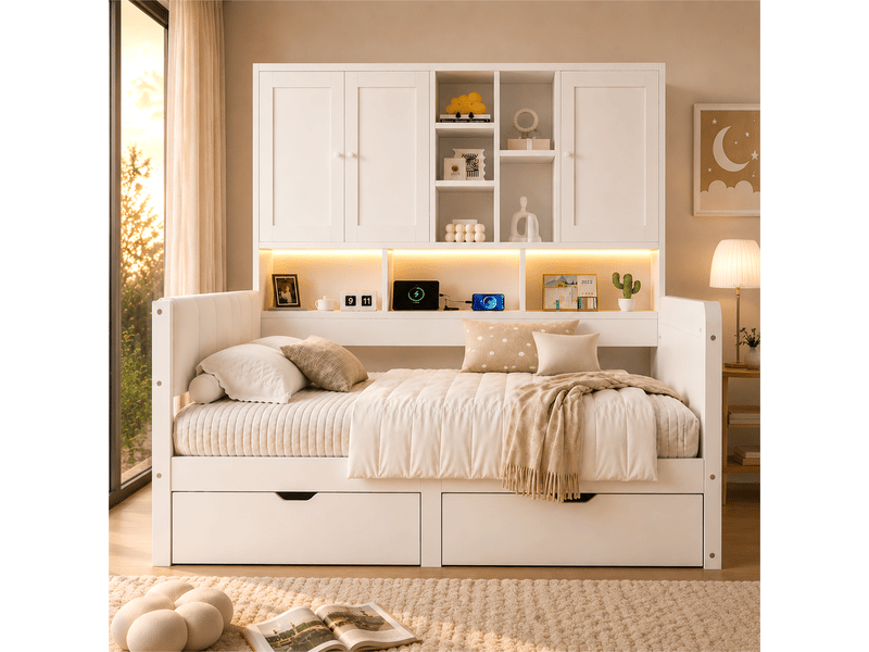  Lit enfant 140×200 cm avec led, usb, usb-c et 2 tiroirs  - sans matelas, mdf et pu blanc  - Conforama C