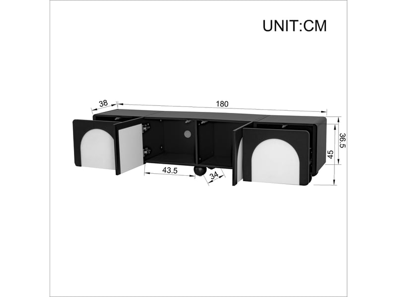  Meuble tv 2 tiroirs et 2 portes, design noir et blanc, portes cintrées, 180 x 38 x 45 cm  - Conforama C