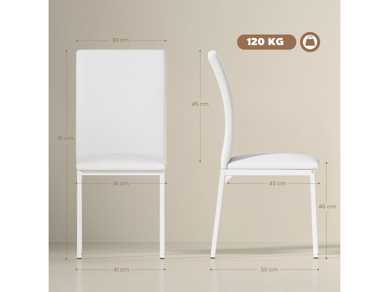  Lot de 4 chaises de salle à manger, chaises de cuisine, capitonnage rhombique et pieds en métal, 41x50x91cm, blanc  - Conforama E