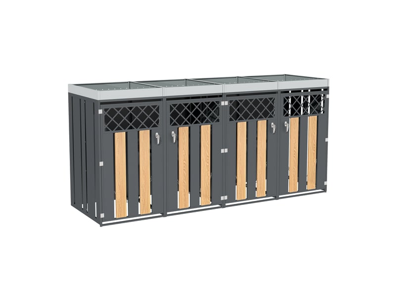 Cache-poubelles 4 portes verrouillables, ventilation en losange et toit végétalisable - Conforama D