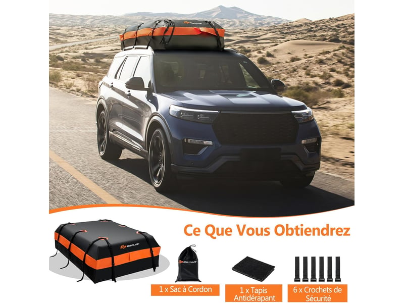 Sac de toit de voiture de 21 pieds cubes, sac de transport étanche sur le toit avec 10 sangles renforcées, tapis antidérapant et sac de rangement  - Conforama E