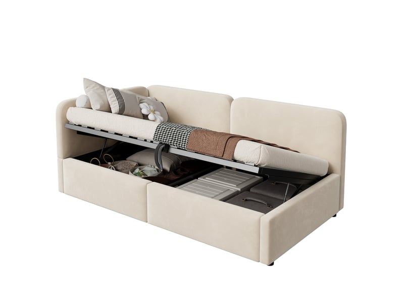  Lit banquette, 90 x 200 cm, pour chambre, dossier réversible, matelas non inclus, mdf et métal et bois, coloris beige  - Conforama A