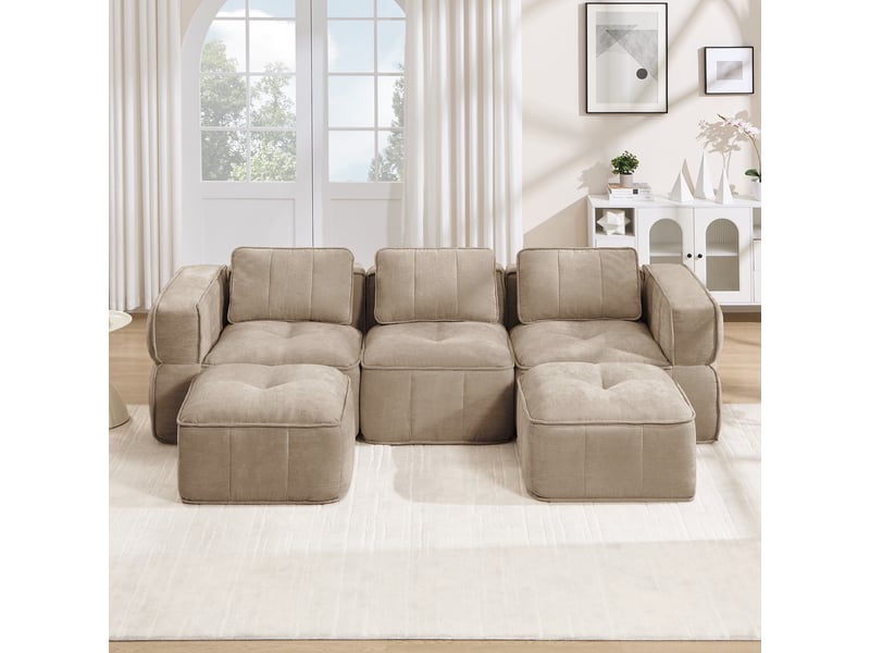  Canapé 3 places - 271x162x67cm - canapé panoramique en u avec 2 poufs repose-pieds en mousse 32d sans cadre - sable  - Conforama D